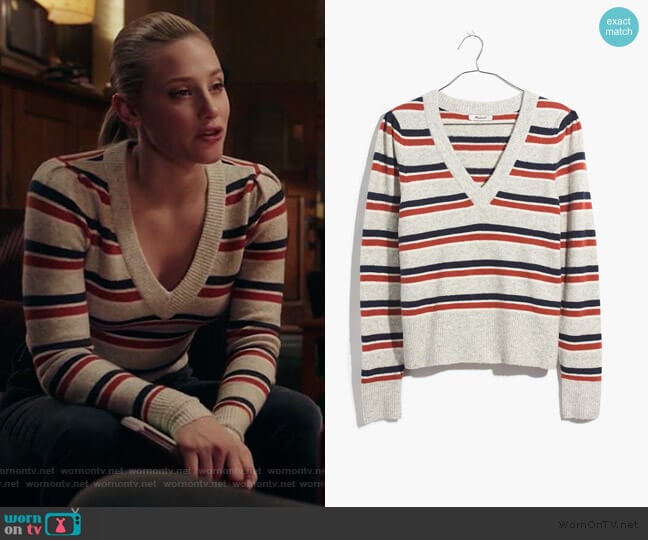 Madewell Striped Westgate V-Neck Sweater in Coziest Yarn worn by Betty Cooper (Lili Reinhart) on Riverdale