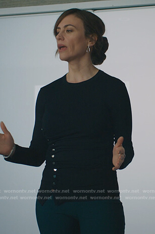 Wendy’s black button detail ruched top on Billions