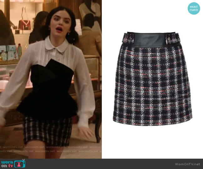 Maje Jisido Faux Leather Detail Tweed Miniskirt worn by Katy Keene (Lucy Hale) on Katy Keene