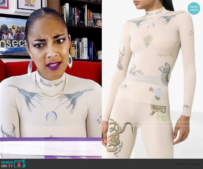 Marine Serre tattoo print mock neck top worn by Amanda Seales on The Real