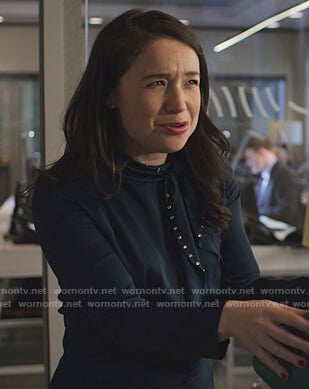 Marissa’s navy embellished tie neck dress on The Good Fight