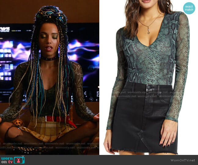 Socialite Mesh V-Neck Bodysuit worn by Charlie (Maisie Richardson-Sellers) on Legends of Tomorrow
