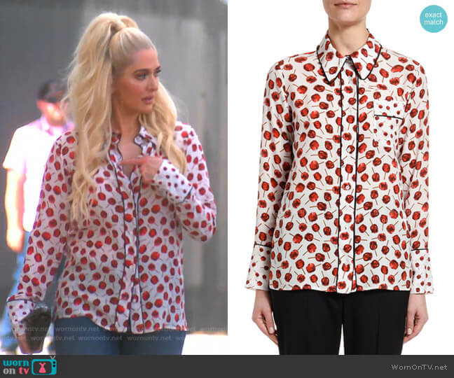 No.21 Printed Long-Sleeve Blouse with Embellished Collar worn by Erika Jayne on The Real Housewives of Beverly Hills