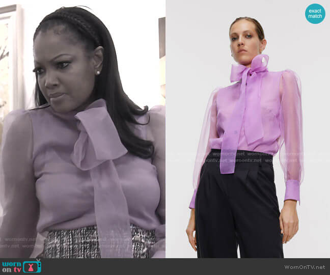 Zara Organza Blouse with Bow Detail worn by Garcelle Beauvais on The Real Housewives of Beverly Hills