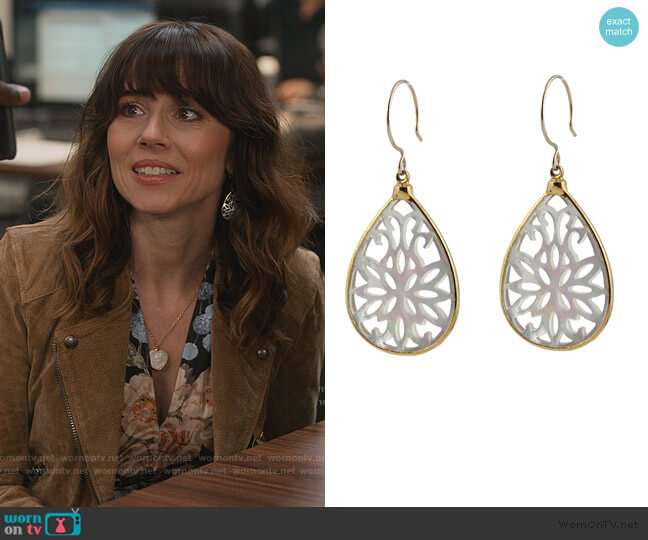 Peggy Li Scrollwork Mother of Pearl Earrings worn by Judy Hale (Linda Cardellini) on Dead to Me