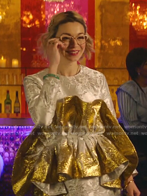 Pepper’s metallic ruffle dress on Katy Keene