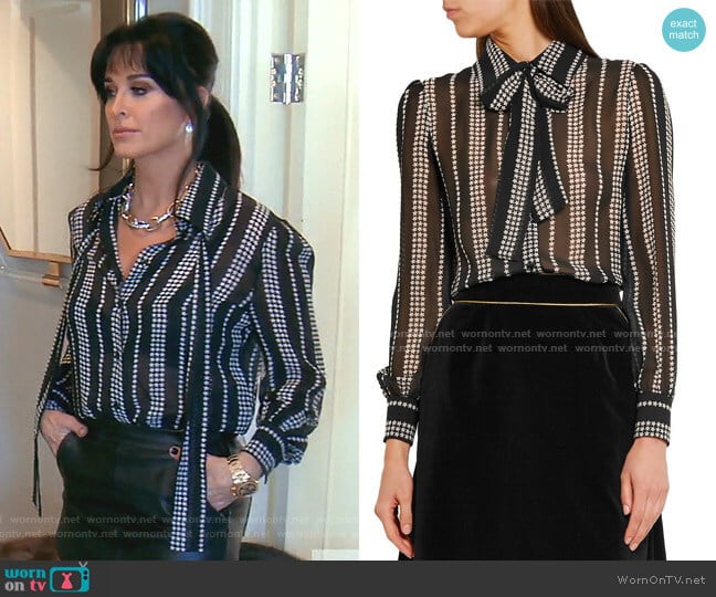 Saint Laurent Pussy-bow Printed Silk-georgette Shirt worn by Kyle Richards on The Real Housewives of Beverly Hills