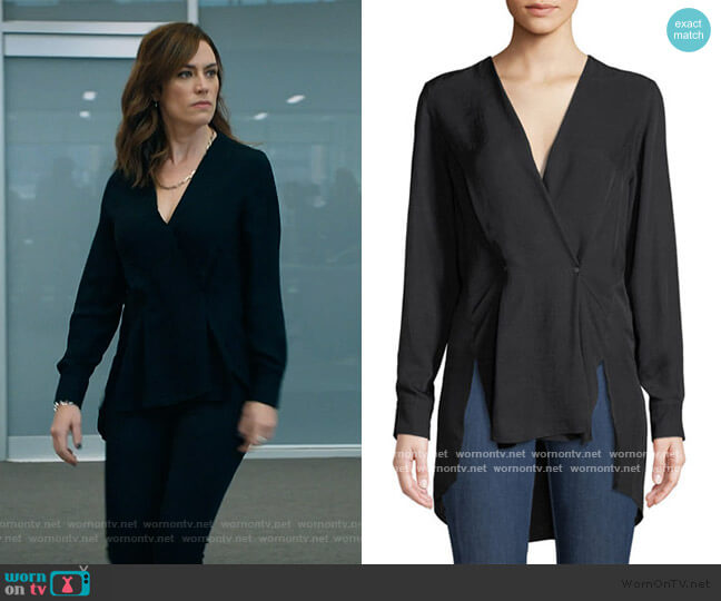 Rag and Bone Debbie Draped V-Neck High-Low Top worn by Wendy Rhoades (Maggie Siff) on Billions