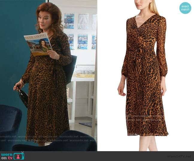Ralph Lauren Ocelot-Print Georgette Dress worn by Lorna Harding (Valerie Mahaffey) on Dead to Me
