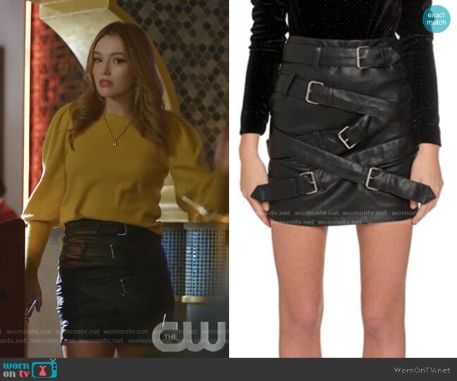Redemption Buckle-Front Faux Leather Mini Skirt worn by Kirby Anders (Maddison Brown) on Dynasty