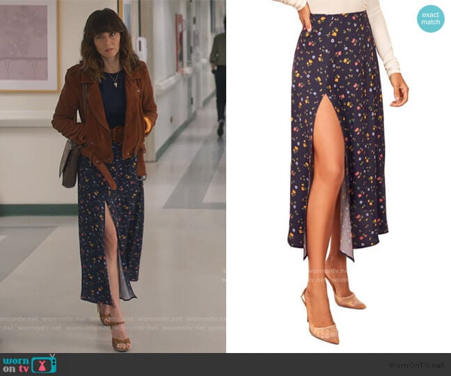 Reformation Zoe Split Skirt in Cecile worn by Judy Hale (Linda Cardellini) on Dead to Me
