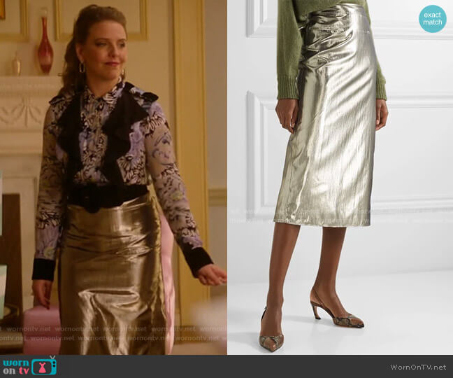 Rejina Pyo Mina Lame Skirt worn by Amanda (Helene Yorke) on Katy Keene
