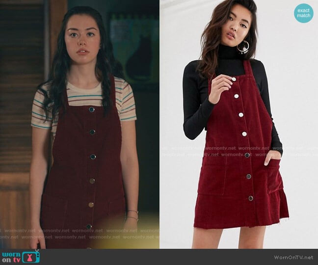 River Island Cord Pinny Dress inBburgundy worn by Annie Sullivan (Anneliese Judge) on Sweet Magnolias