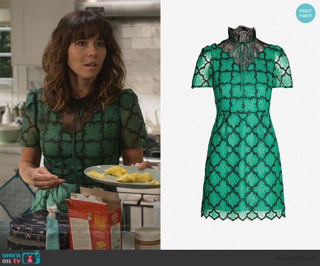 Sandro Ritta contrast-panel floral-lace dress worn by Judy Hale (Linda Cardellini) on Dead to Me