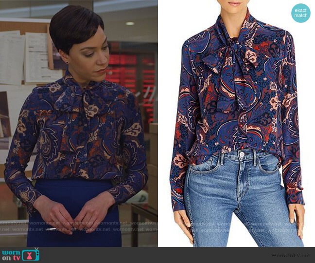 See by Chloe Tie-Neck Paisley-Silk Blouse worn by Lucca Quinn (Cush Jumbo) on The Good Fight