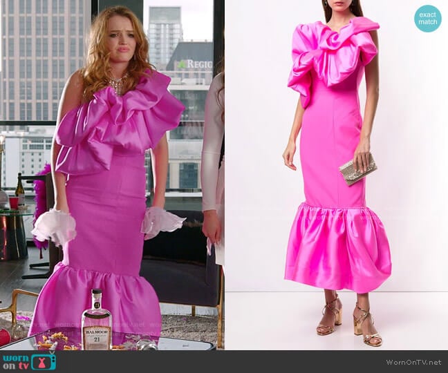 Solace London One-Shoulder Ruffle-Trimmed Dress worn by Kirby Anders (Maddison Brown) on Dynasty