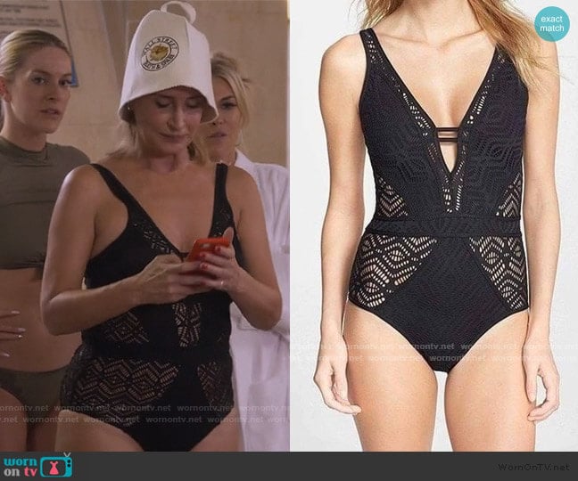 Sonja Crochet Back Tie One Piece worn by Sonja Morgan on The Real Housewives of New York City