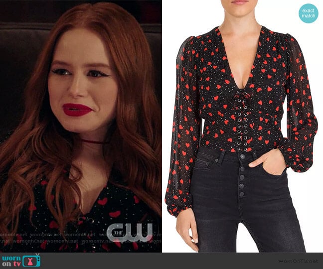 The Kooples So In Love Printed Lace-Up Peplum Top worn by Cheryl Blossom (Madelaine Petsch) on Riverdale