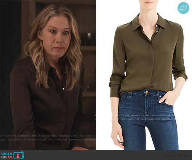 Theory Classic Silk-Stretch Fitted Shirt worn by Jen Harding (Christina Applegate) on Dead to Me