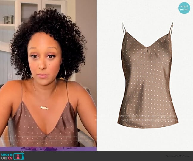 Theory Polka-dot sleeveless silk top worn by Tamera Mowry on The Real