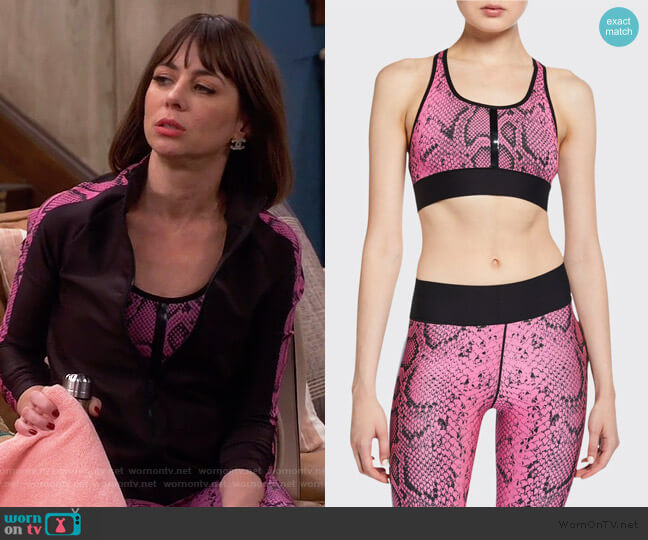 Ultracor Terrain Python-Print Sports Bra worn by Elizabeth (Natasha Leggero) on Broke