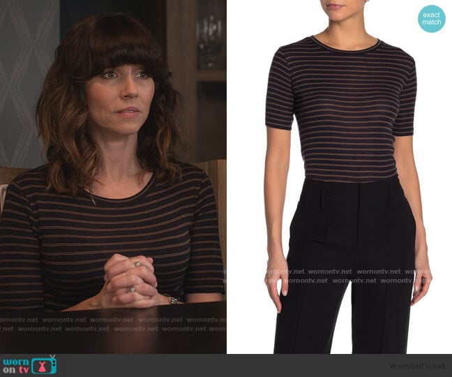 Vince Crew Neck Micro Double Stripe Print T-Shirt worn by Judy Hale (Linda Cardellini) on Dead to Me