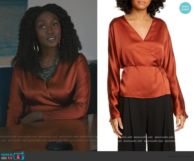 Vince Long Sleeve Silk Wrap Blouse worn by Lauren Turner (Jade Eshete) on Billions