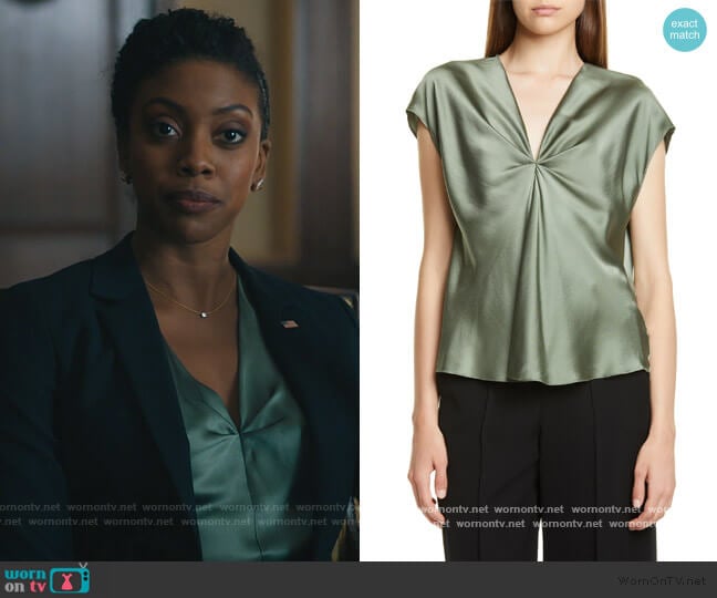 Vince Twist Detail Short Sleeve Silk Blouse worn by Kate Sacker (Condola Rashad) on Billions