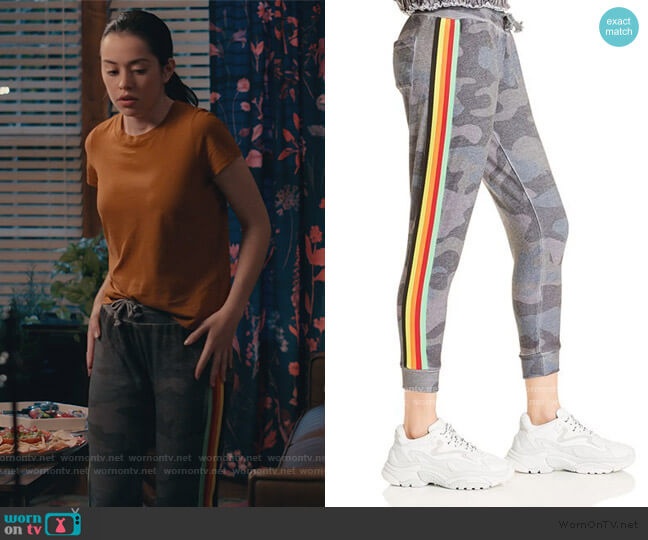 Vintage Havana Rainbow-Stripe Camo Jogger Pants worn by Annie Sullivan (Anneliese Judge) on Sweet Magnolias