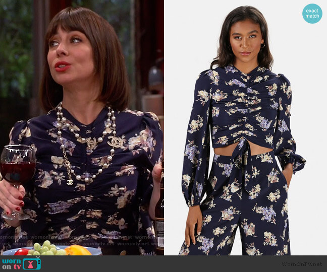 Zimmermann Sabotage Silk Ruched Blouse worn by Elizabeth (Natasha Leggero) on Broke