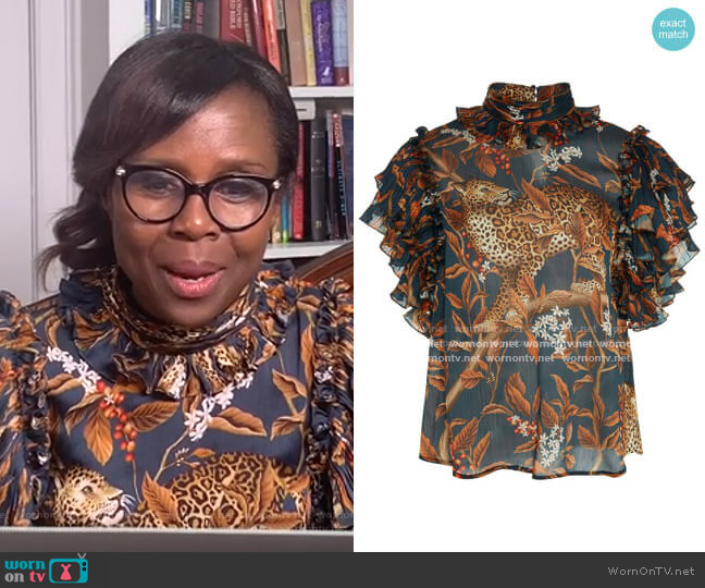 Johanna Ortiz Absurd Beauty Ruffled Printed Chiffon Top worn by Deborah Roberts on Good Morning America