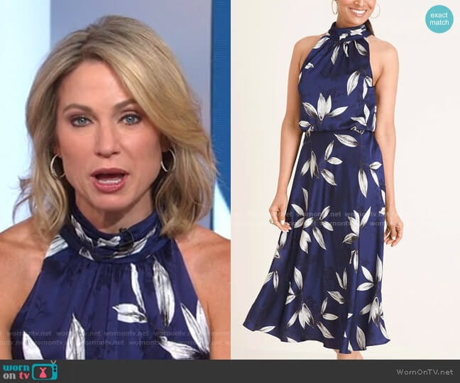 Adrianna Papell Floral Print Halter Midi Dress worn by Amy Robach on Good Morning America