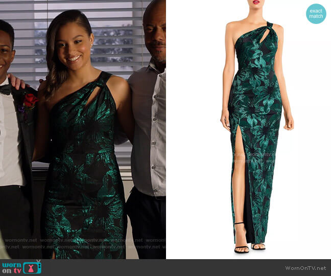 Aidan Mattox Metallic Jacquard One-Shoulder Gown worn by May Grant (Corinne Massiah) on 9-1-1