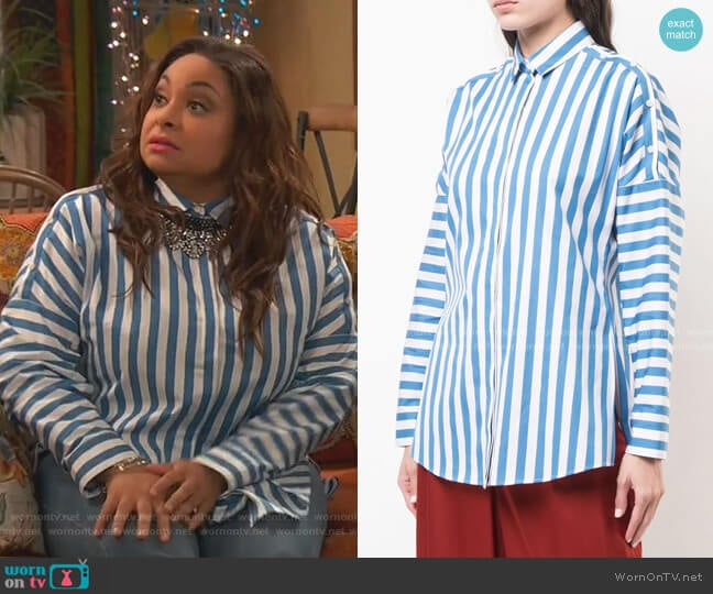 Akris Punto Button Detailed Striped Blouse worn by Raven Baxter (Raven-Symoné) on Ravens Home