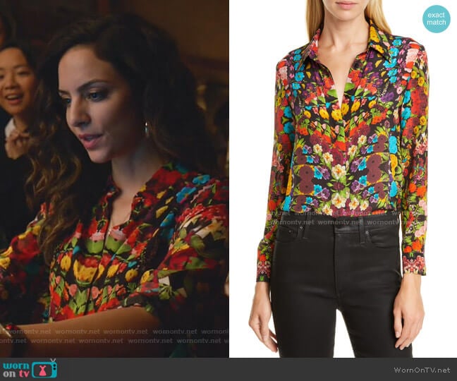 Alice + Olivia Willa Floral Pleated Placket Silk Blouse worn by Zari Tomaz (Tala Ashe) on Legends of Tomorrow