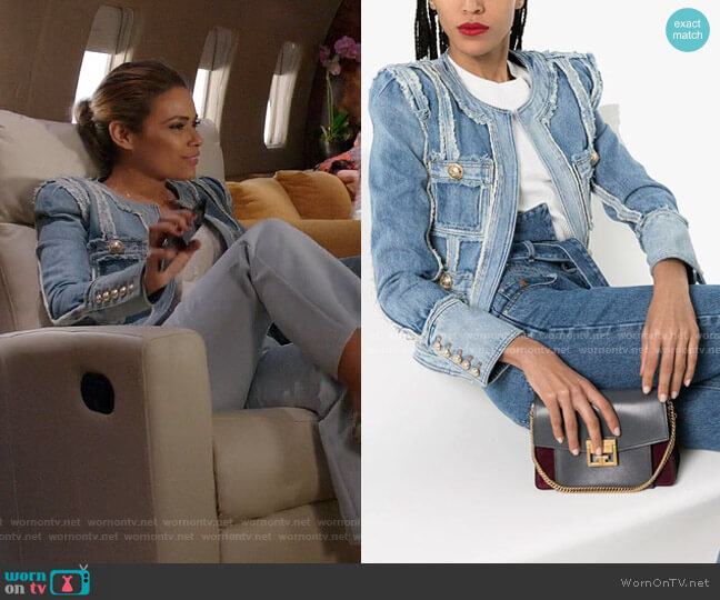Balmain Patchwork Denim Jacket worn by Cristal Jennings (Daniella Alonso) on Dynasty