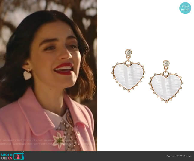 Banana Republic Mother of Pearl Heart Drop Earrings worn by Katy Keene (Lucy Hale) on Katy Keene