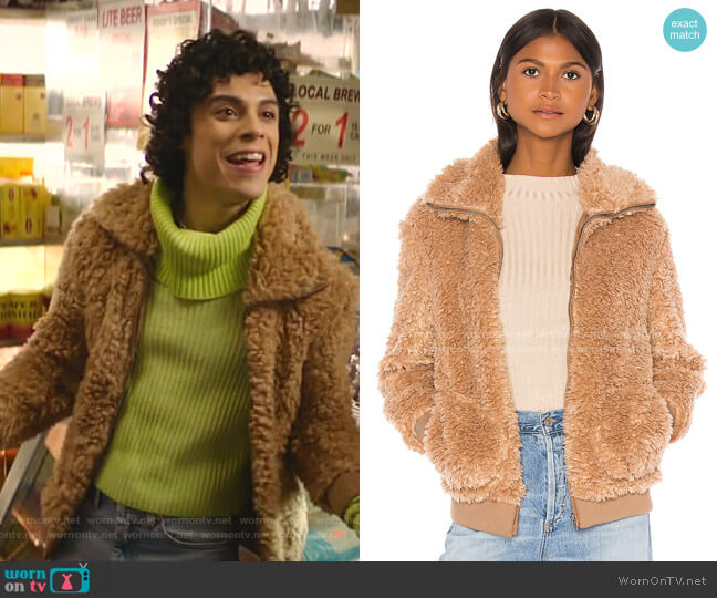 BB Dakota Teddy Or Not Faux Fur Bomber Jacket in Camel worn by Jorge Lopez (Jonny Beauchamp) on Katy Keene