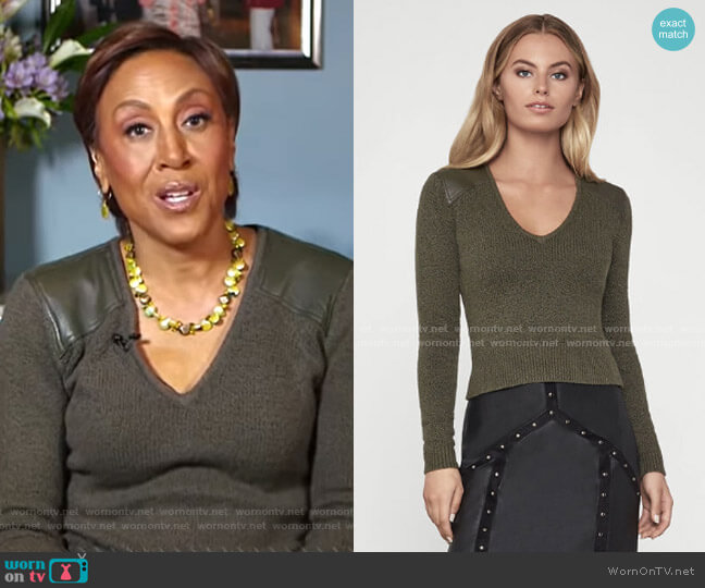 Bcbgmaxazria Pleather Trim Sweater worn by Robin Roberts on Good Morning America