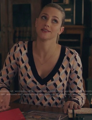 Betty’s geometric print v-neck sweater on Riverdale