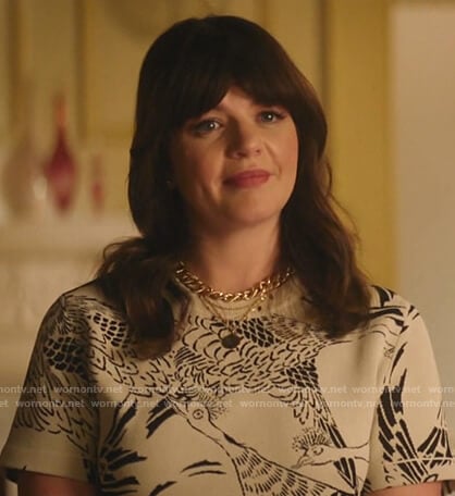 Casey Wilson’s white phoenix print top on Katy Keene