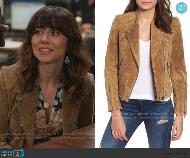 BlankNYC Suede Moto Jacket worn by Judy Hale (Linda Cardellini) on Dead to Me