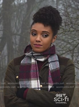 Charlie’s green suede-shoulder field jacket on Legends of Tomorrow