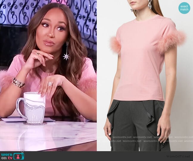 Cinq a Sept Zoie feather trim T-shirt worn by Adrienne Houghton on The Real