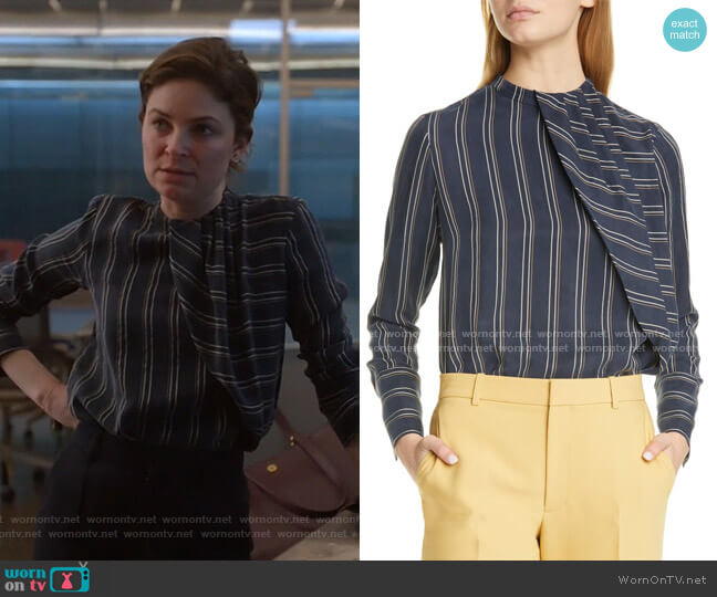 Club Monaco Stripe Asymmetrical Pleat Top worn by Taylor Rentzel (MacKenzie Meehan) on Bull