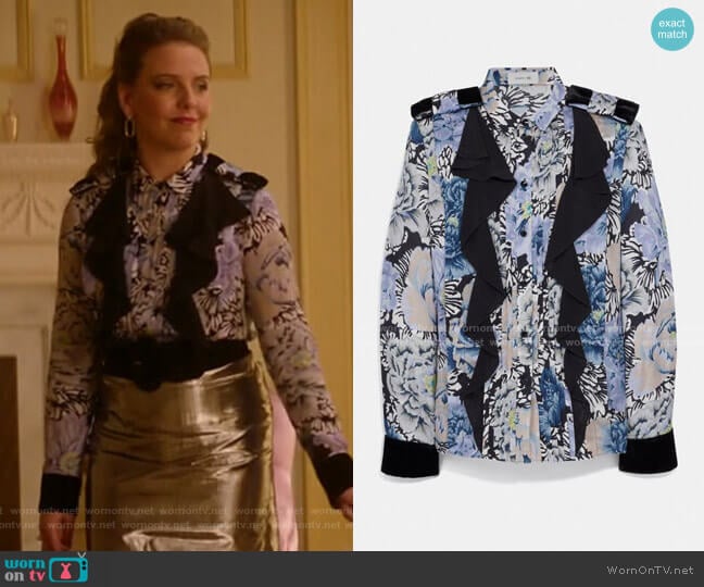 Coach Pleated Blouse With Kaffe Fassett Print worn by Amanda (Helene Yorke) on Katy Keene