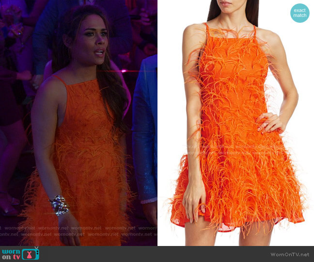 Cult Gaia Shannon Feather Mini Dress worn by Cristal Jennings (Daniella Alonso) on Dynasty
