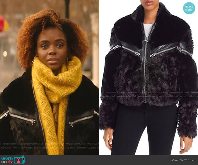 The Kooples Curly Zip-Detail Faux-Fur Coat worn by Josie McCoy (Ashleigh Murray) on Katy Keene