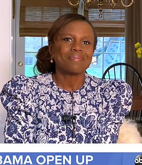 Deborah’s blue floral puff-sleeve jumpsuit on Good Morning America