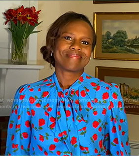 Deborah’s blue floral tie neck blouse on Good Morning America